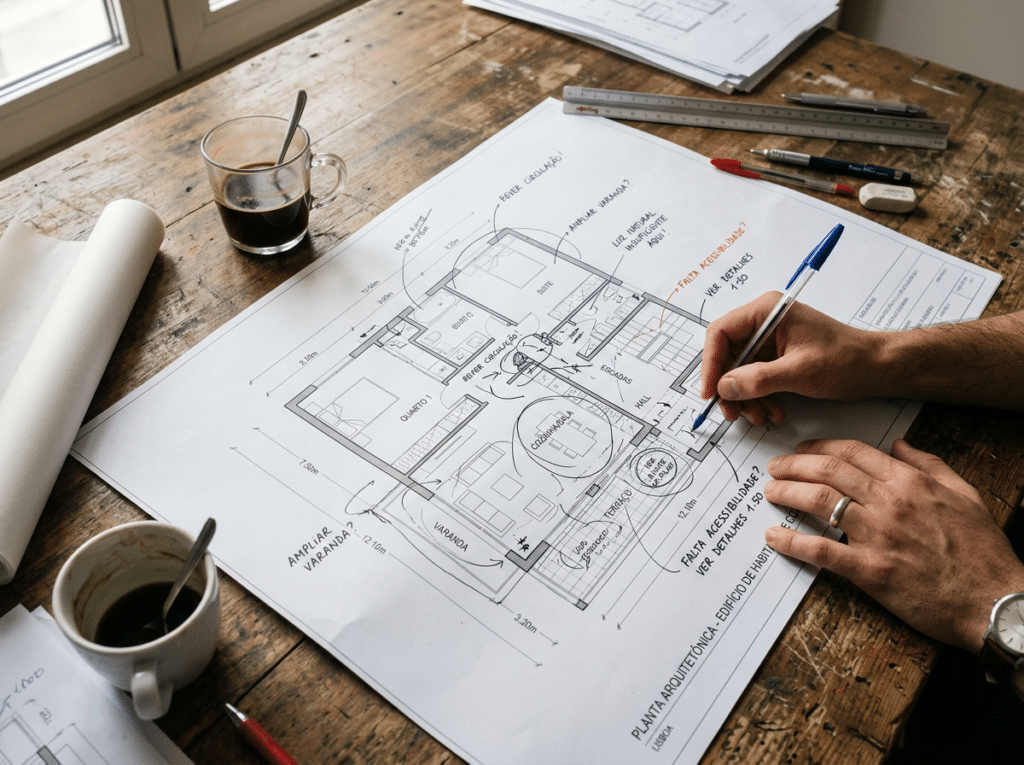 5 Sinais de Que a Planta da Sua Casa Não Foi Bem Pensada 1 planta da casa sobre a mesa
